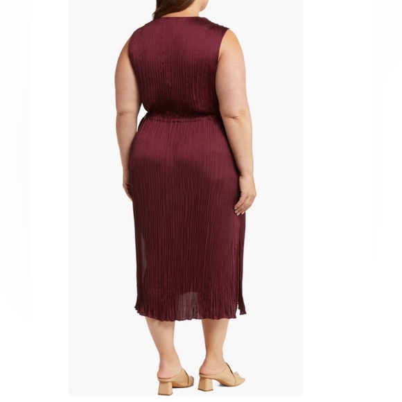 + VINCE + V-Neck Side Tie Satin Plissé Dress - Picture 2 of 5